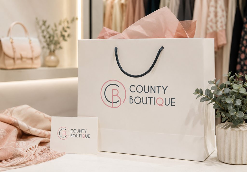 County Boutique branded shopping bag and thank-you card among gift wrapping