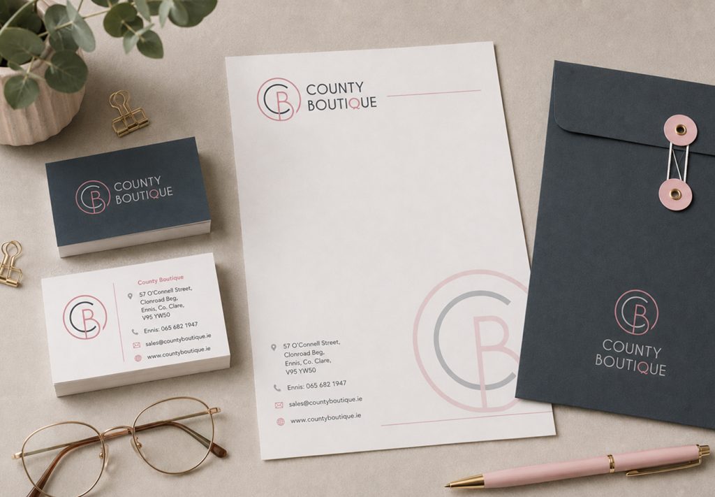 County Boutique letterhead, business cards and envelope in a stationery flat-lay