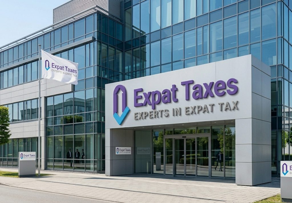 Expat Taxes office building with branded signage and flag