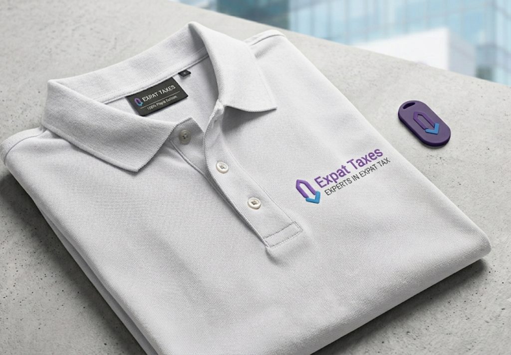 Expat Taxes polo shirt with embroidered logo and branded keytag