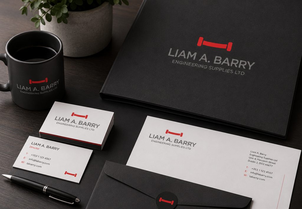 Liam A. Barry Engineering Supplies branding — folder, mug, business cards and envelope on a desk
