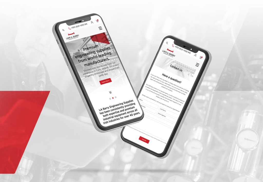 Liam A. Barry Engineering Supplies website homepage and contact page on phone mockups