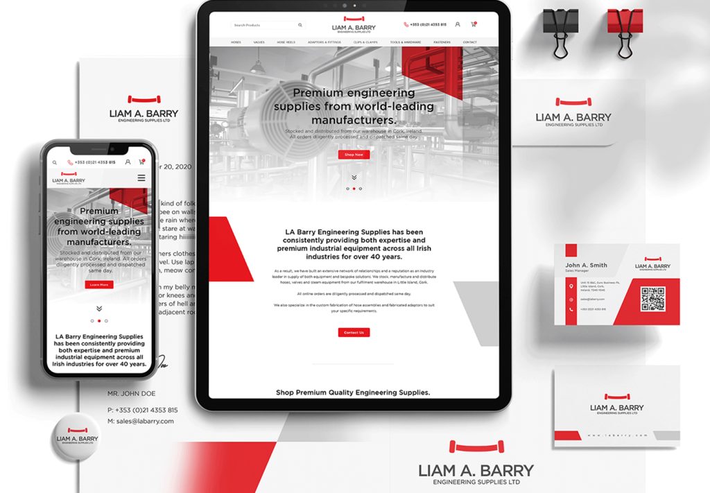Liam A. Barry Engineering Supplies website on tablet and phone mockups with business cards