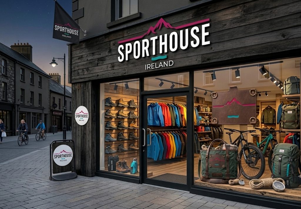 Sporthouse Ireland storefront with mountain logo signage and outdoor gear display