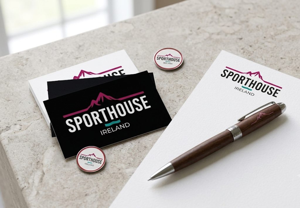 Sporthouse Ireland letterhead, business cards, pen and pin badges on marble
