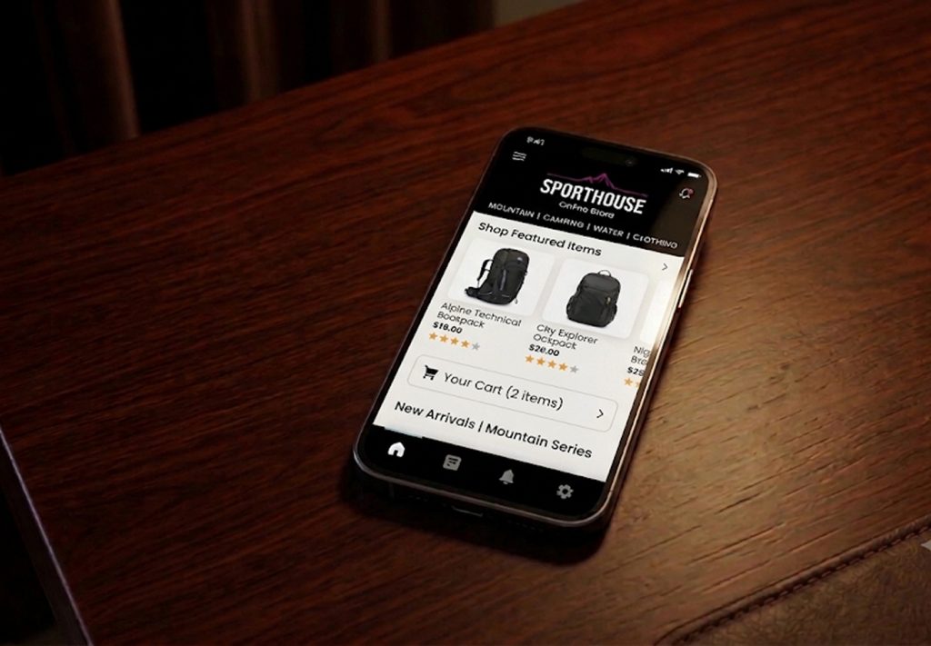 Sporthouse Ireland shopping app shown on a phone with featured backpacks