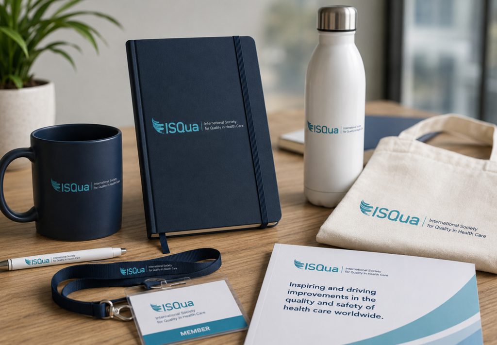 ISQua branded merchandise — notebook, bottle, mug, tote bag and lanyard on a desk