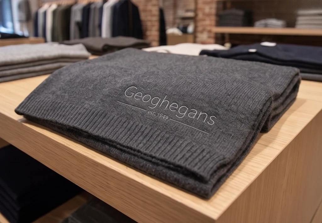 Geoghegans logo knitted into a folded grey jumper on display in-store