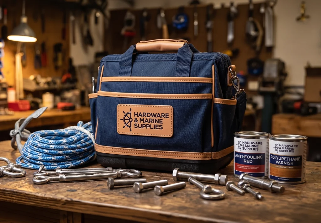Kehoe Marine tool bag and branded paint cans on a workshop bench